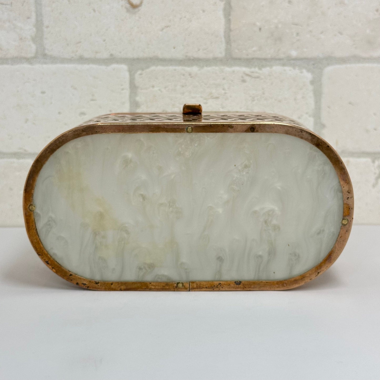 Vintage Brass Oval Bag With Filigree Design & Lucite Handle from 1950s
