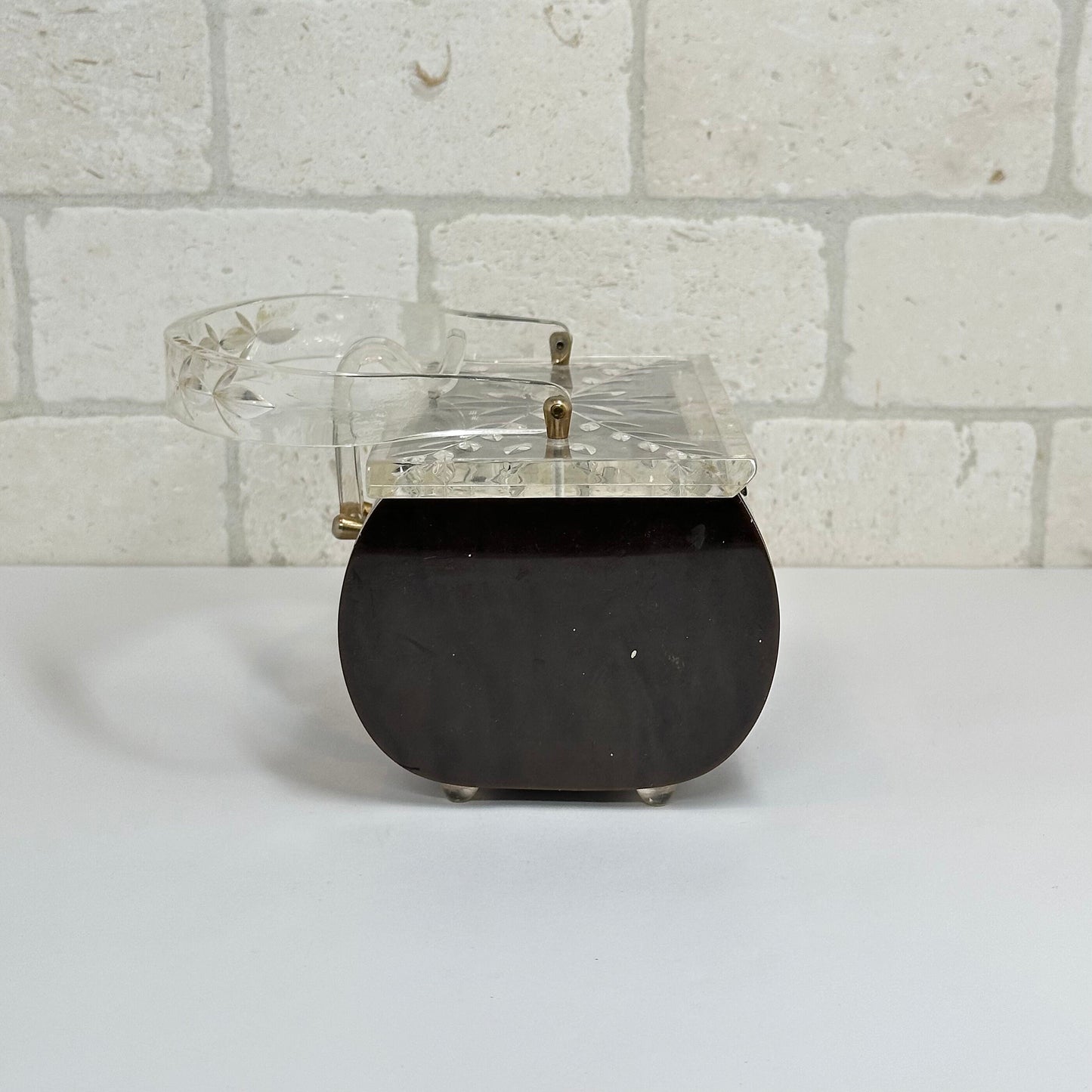 Vintage Brown Shimmery Lucite Handbag with Clear Etched Flower Lid, 1960s.
