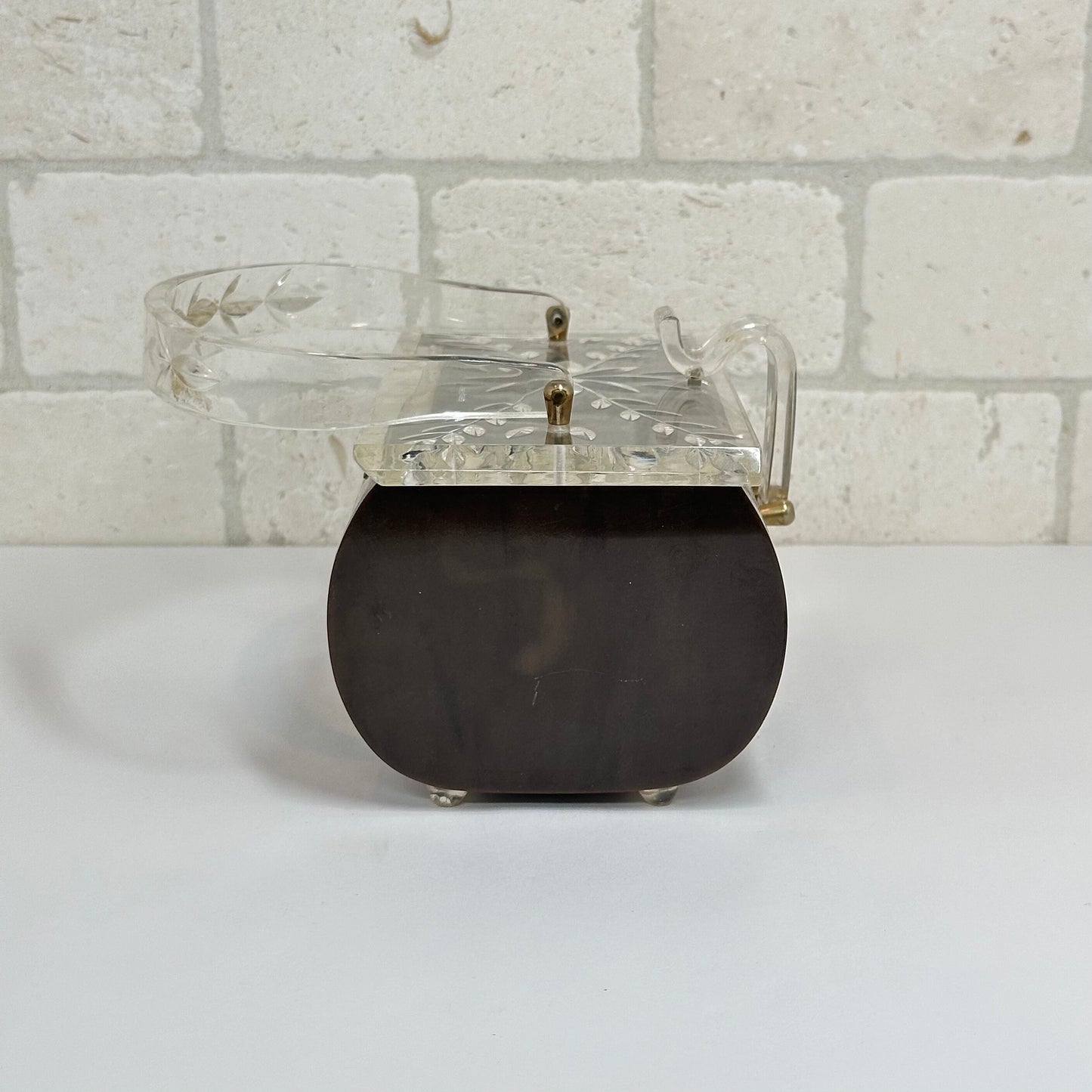 Vintage Brown Shimmery Lucite Handbag with Clear Etched Flower Lid, 1960s.