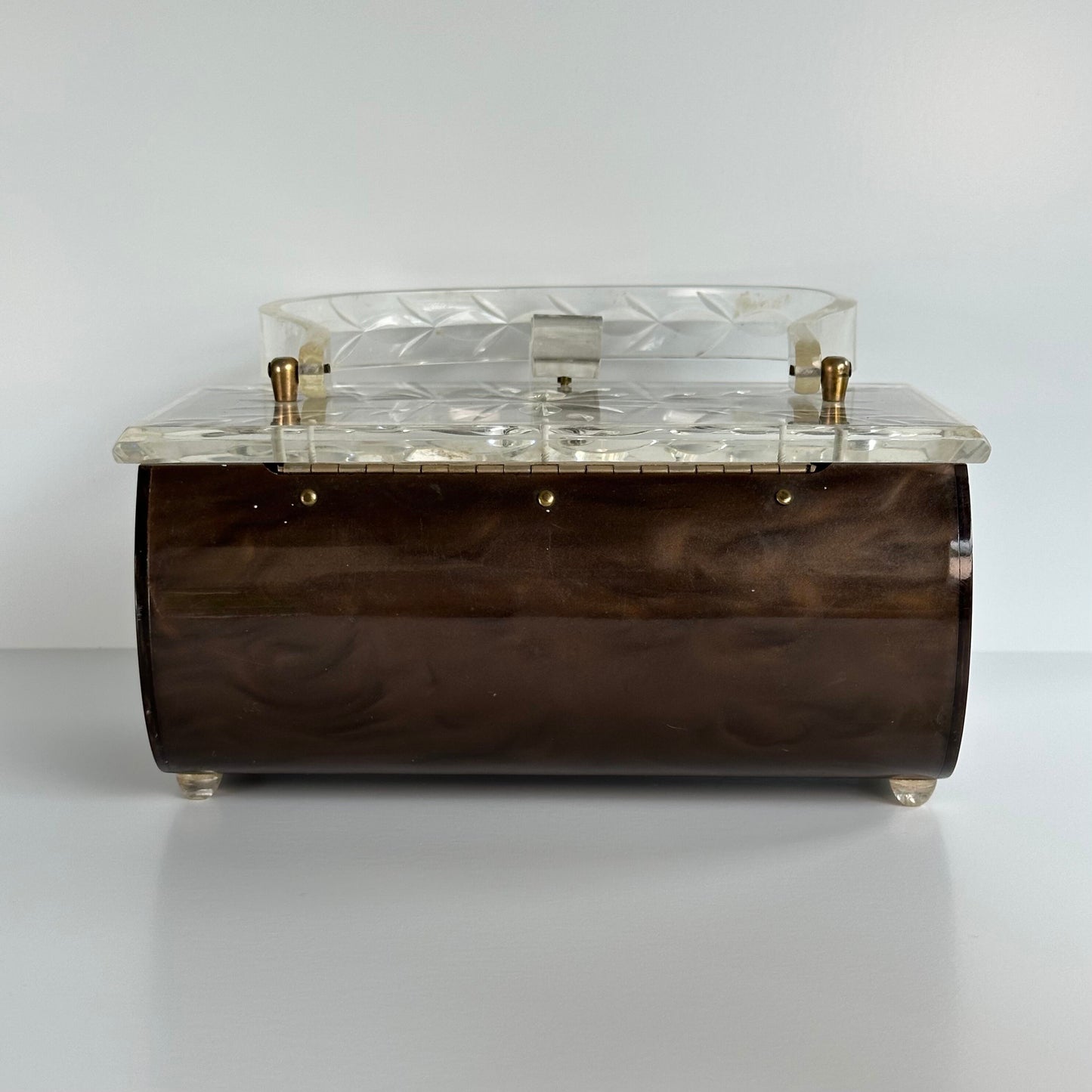 Vintage Brown Shimmery Lucite Handbag with Clear Etched Flower Lid, 1960s.