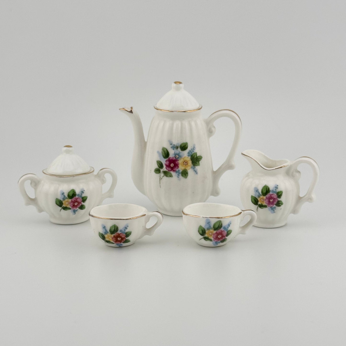 Vintage Miniatures, Porcelain Tea Set with Flowers, Set of 5.