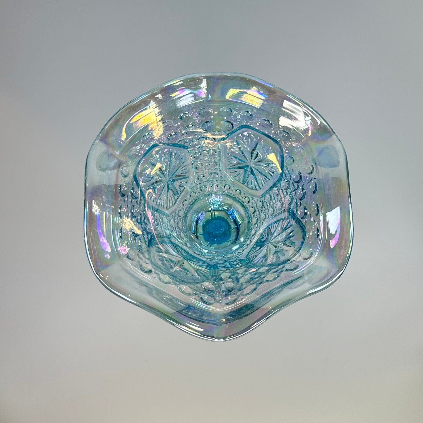 Vintage Ice Blue Imperial Carnival Glass Compote With Ruffled Rim And Star Medallion Design