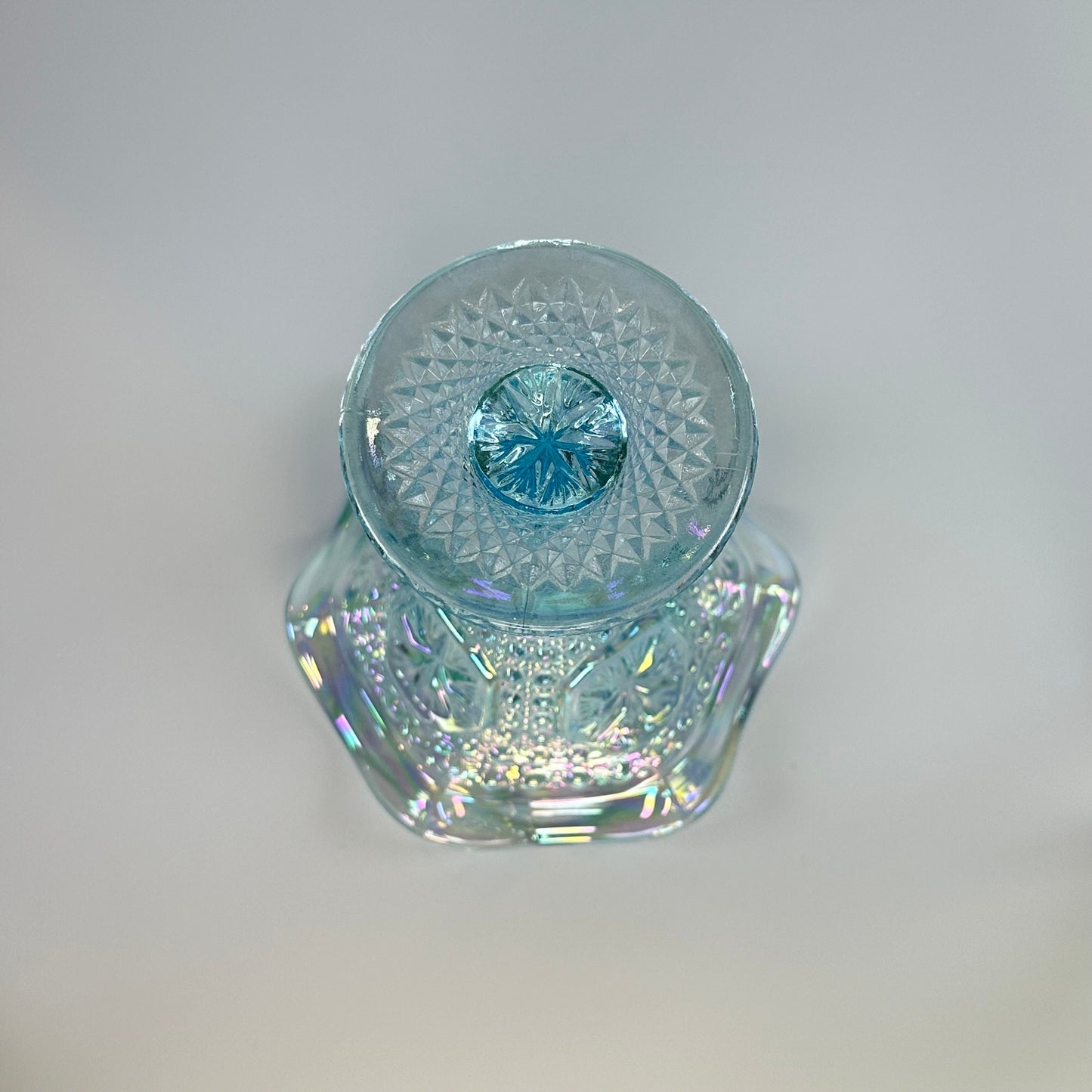 Vintage Ice Blue Imperial Carnival Glass Compote With Ruffled Rim And Star Medallion Design