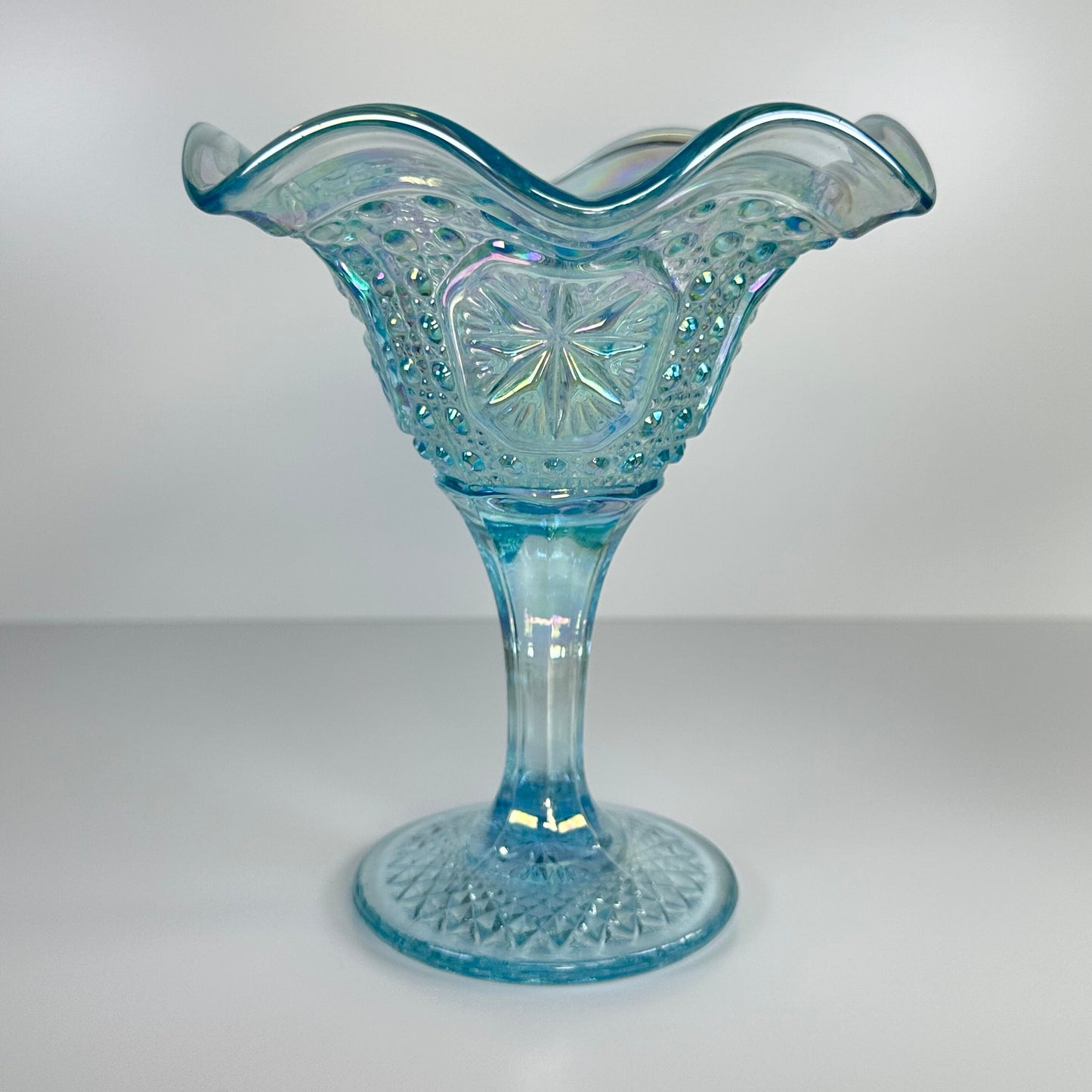 Vintage Ice Blue Imperial Carnival Glass Compote With Ruffled Rim And Star Medallion Design