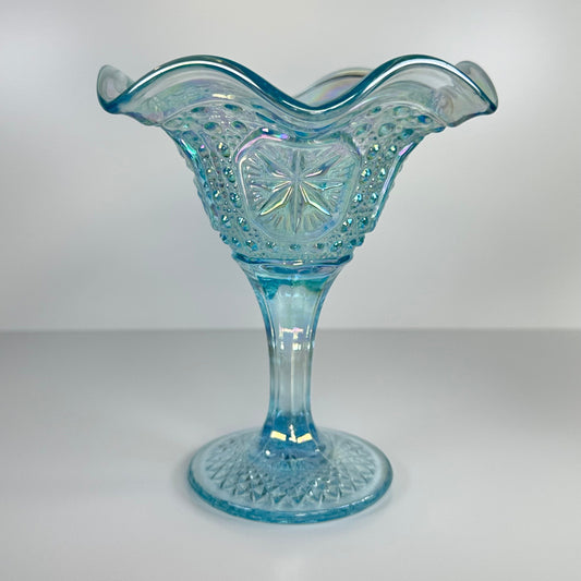 Vintage Ice Blue Imperial Carnival Glass Compote With Ruffled Rim And Star Medallion Design