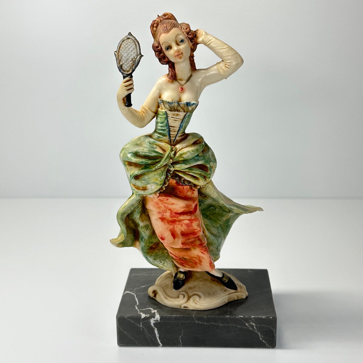 Vintage Figurine of Lady with Mirror with Carrara Marble Base by Fontanini