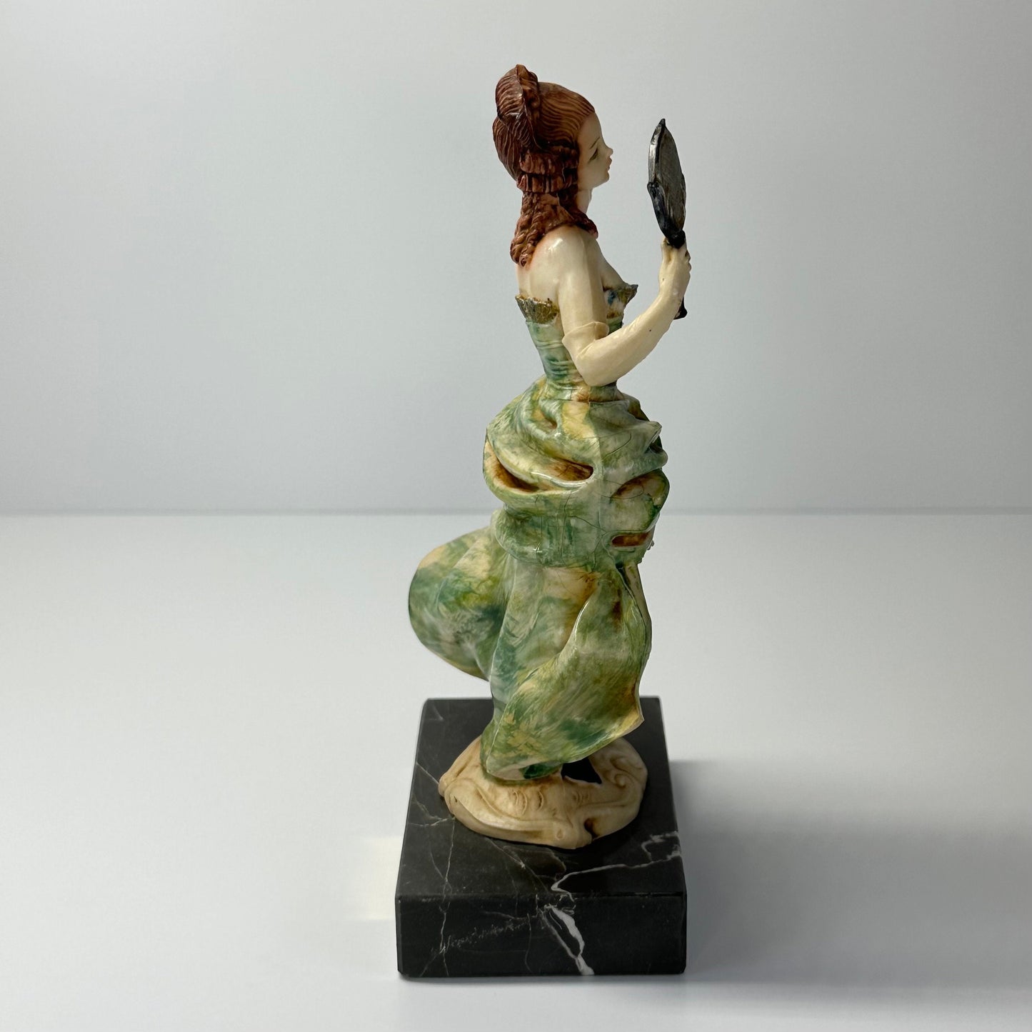Vintage Figurine of Lady with Mirror with Carrara Marble Base by Fontanini