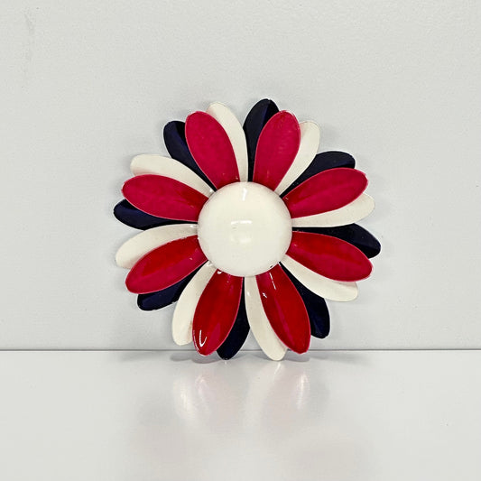 Vintage Brooch Pin of Daisy Flower in Red, White and Blue Metal