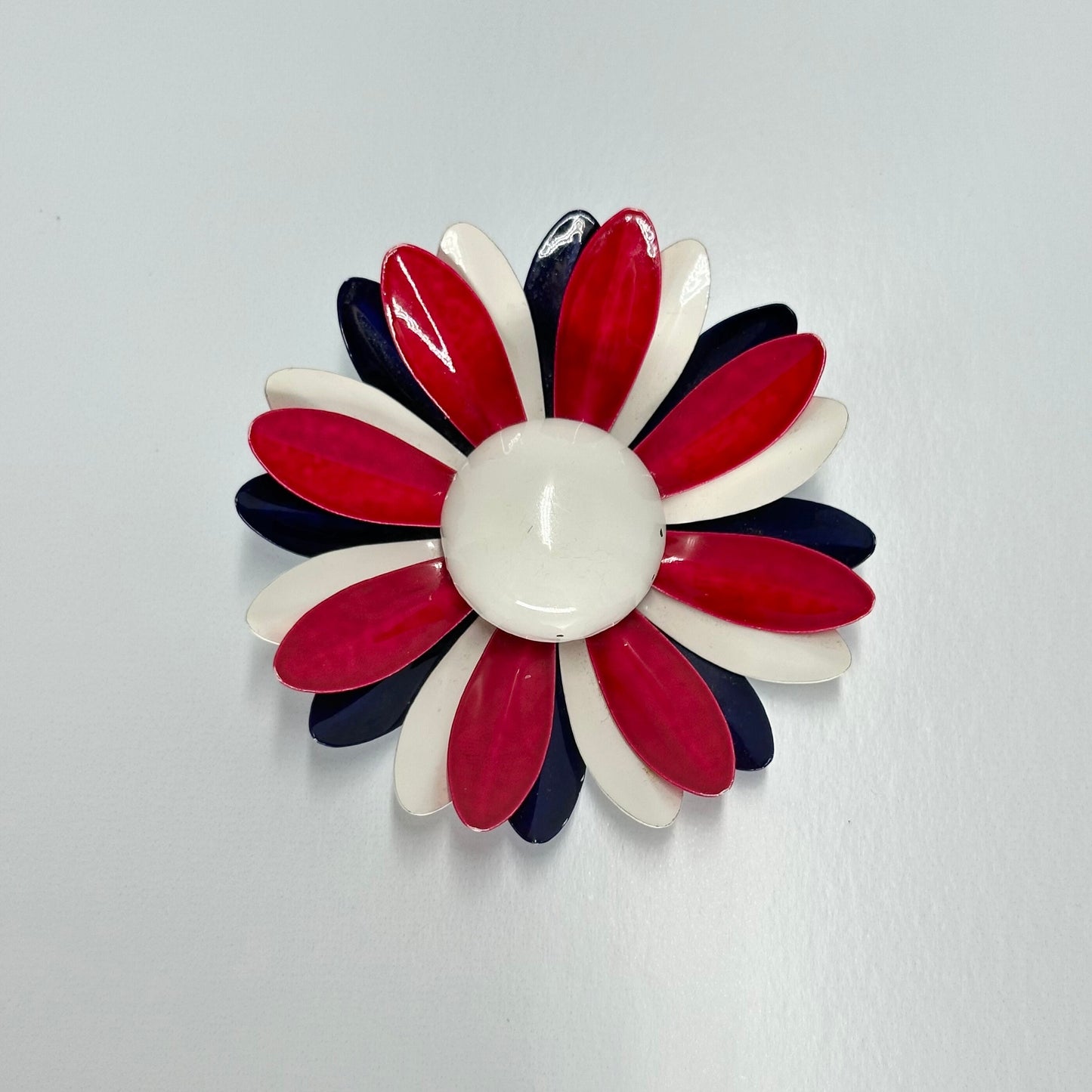 Vintage Brooch Pin of Daisy Flower in Red, White and Blue Metal
