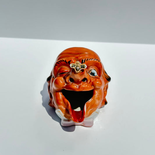 Vintage Ceramic Ashtray of Laughing Old Man with Bee On Nose Made in Japan