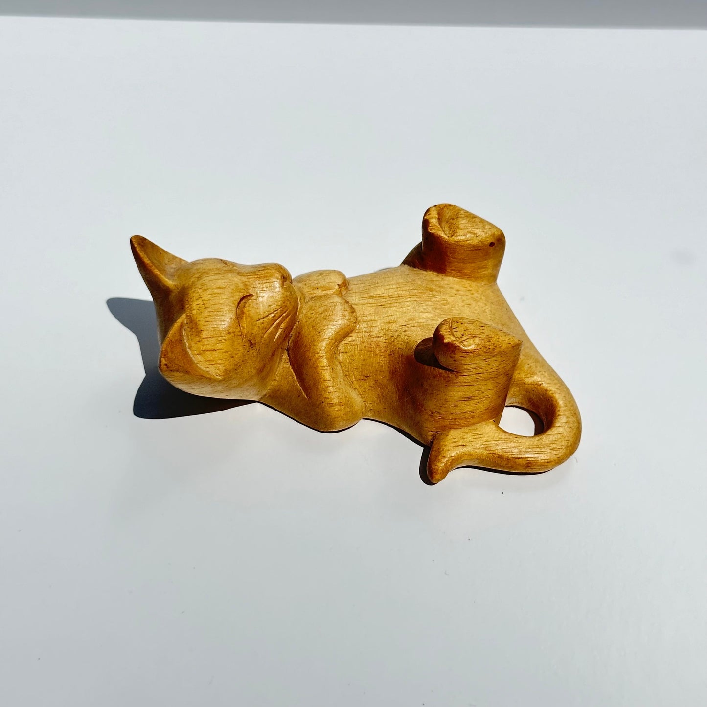 Vintage Wooden Figurine of Hand Carved Cat on It's Back. Adorable!