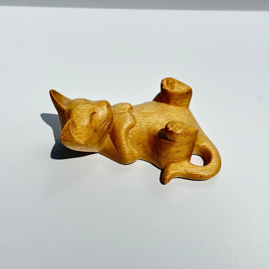 Vintage Wooden Figurine of Hand Carved Cat on It's Back. Adorable!