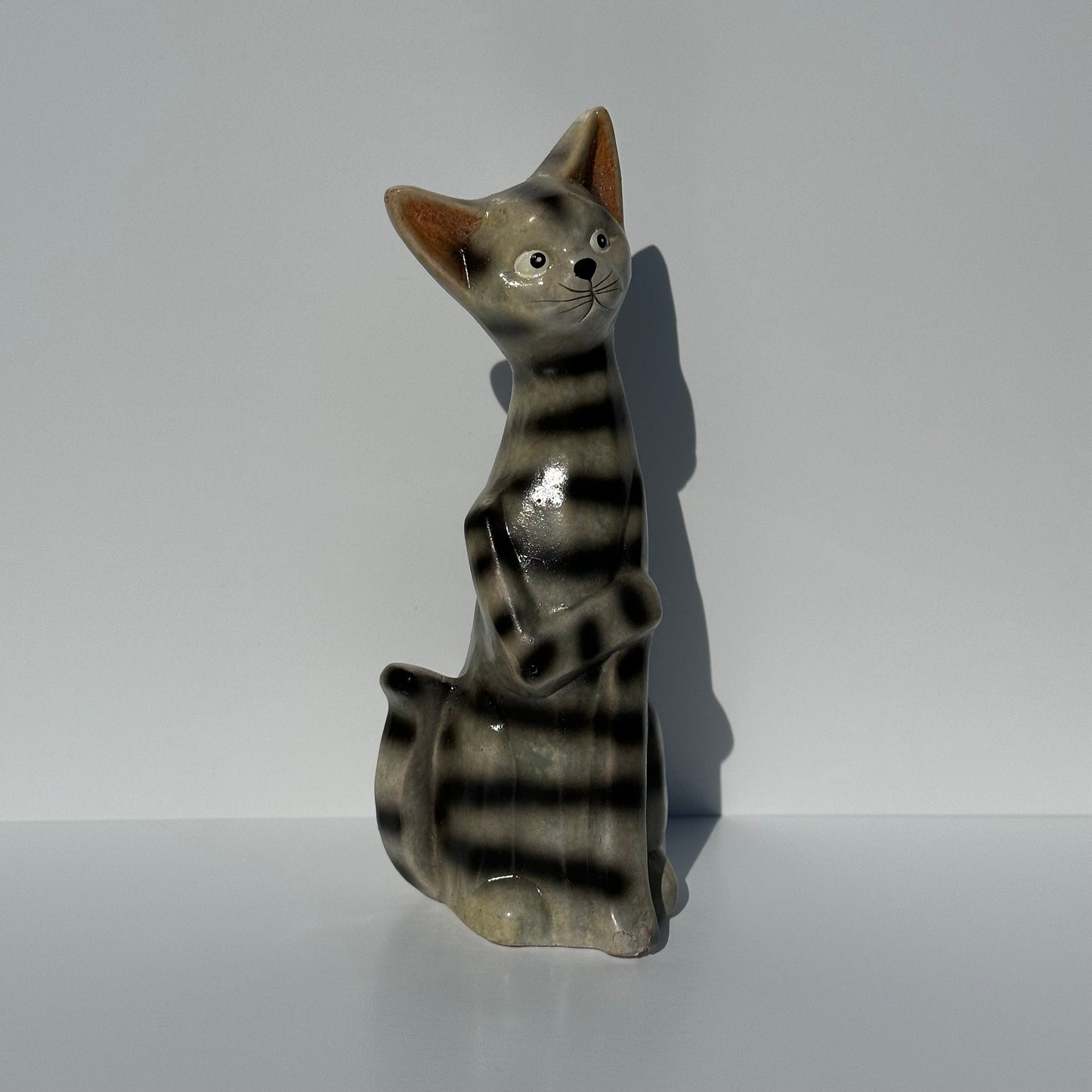 Vintage Figurine of Terracotta Ceramic Gray Striped Tabby Cat.