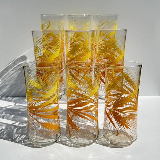 Vintage Glass Tumblers in Popular Libbey Golden Wheat Design, Set of 9 16 oz.