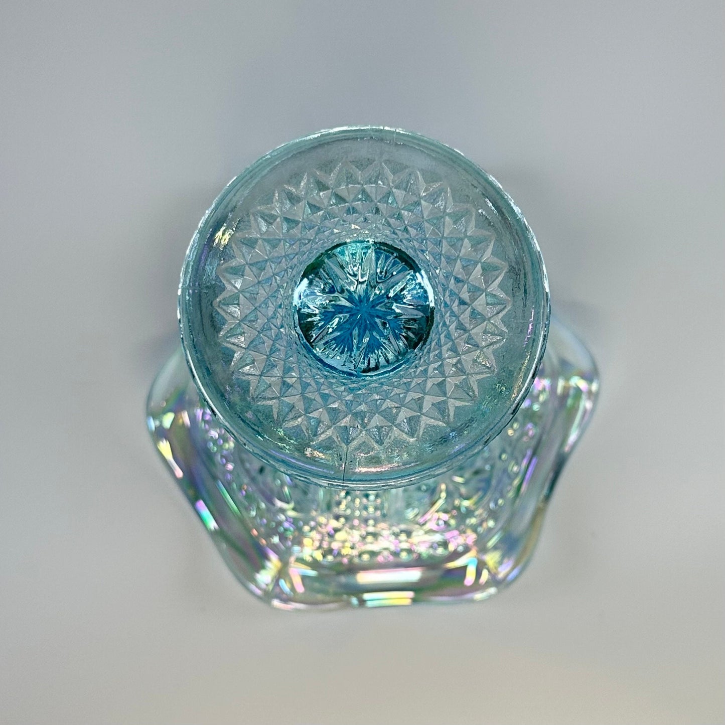 Vintage Ice Blue Imperial Carnival Glass Compote With Ruffled Rim And Star Medallion Design
