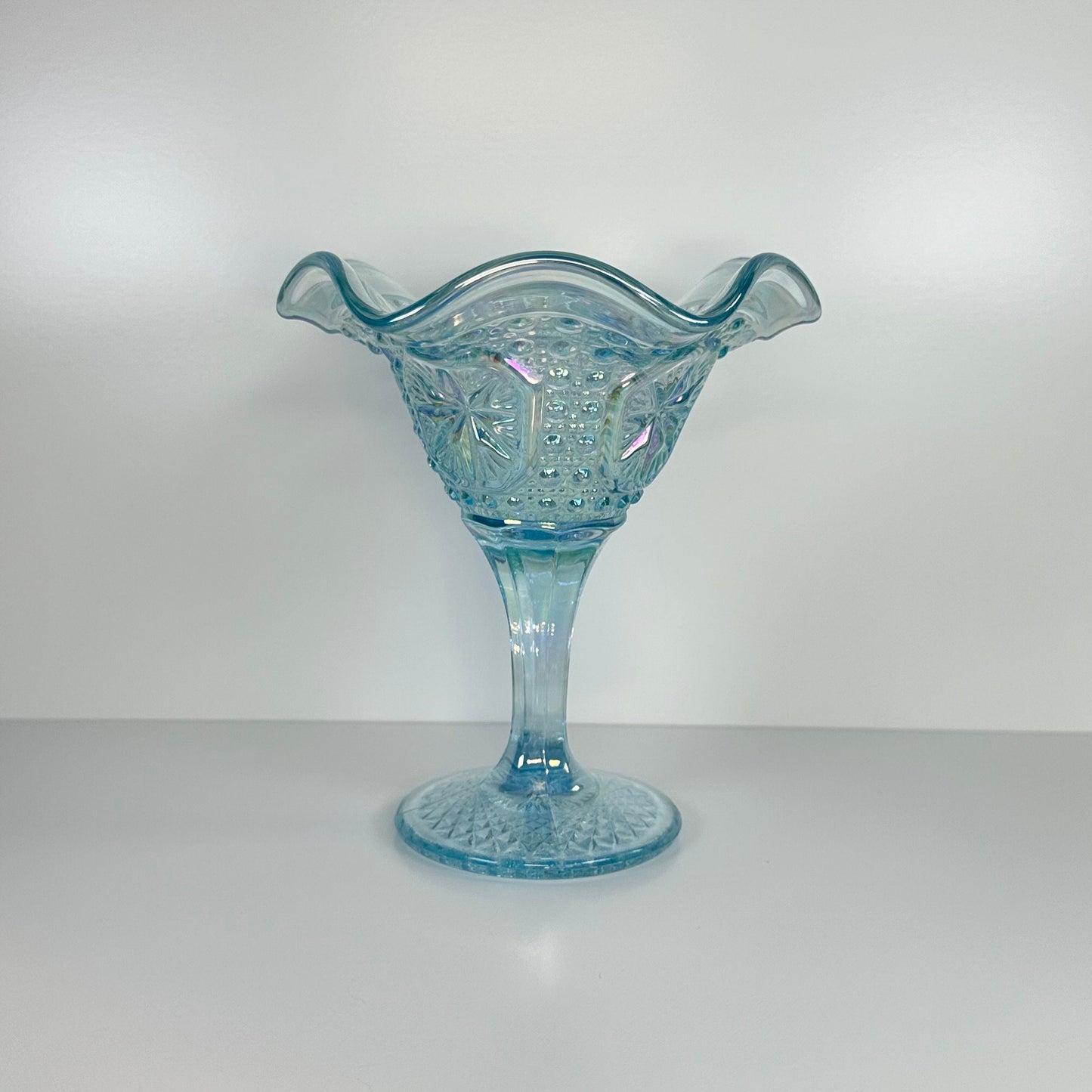 Vintage Ice Blue Imperial Carnival Glass Compote With Ruffled Rim And Star Medallion Design