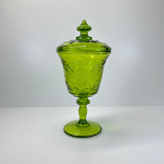 Vintage Glass Candy Dish with Lid in Fostoria Green Eagle Design