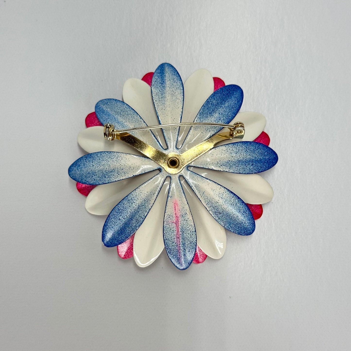 Vintage Brooch Pin of Daisy Flower in Red, White and Blue Metal