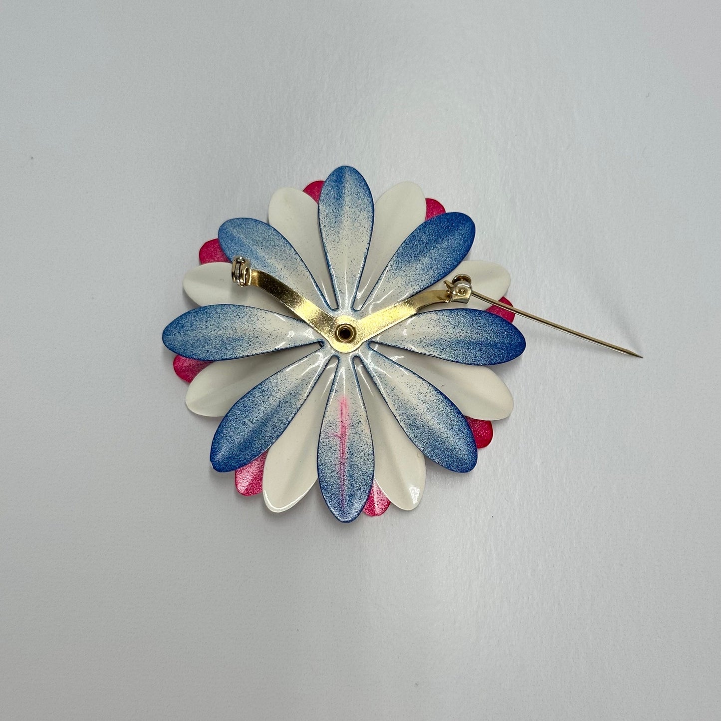 Vintage Brooch Pin of Daisy Flower in Red, White and Blue Metal