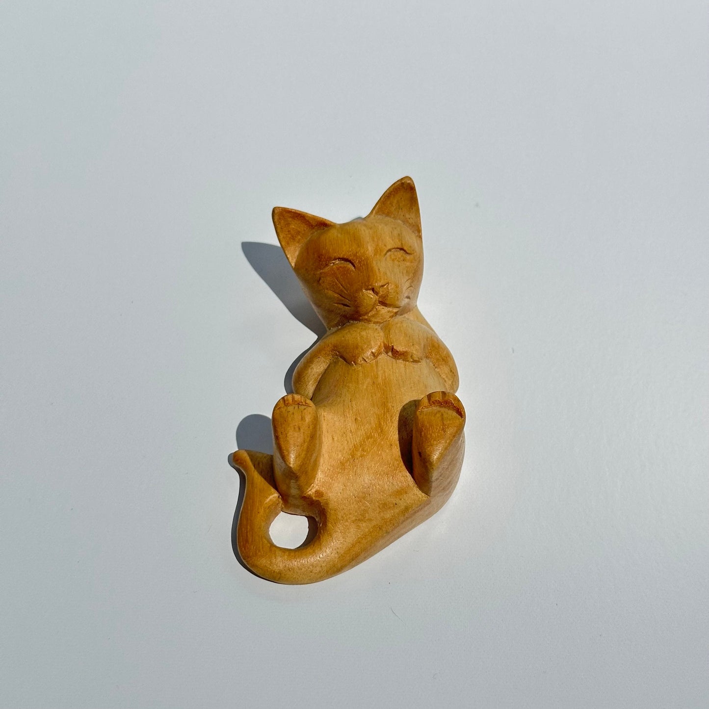 Vintage Wooden Figurine of Hand Carved Cat on It's Back. Adorable!