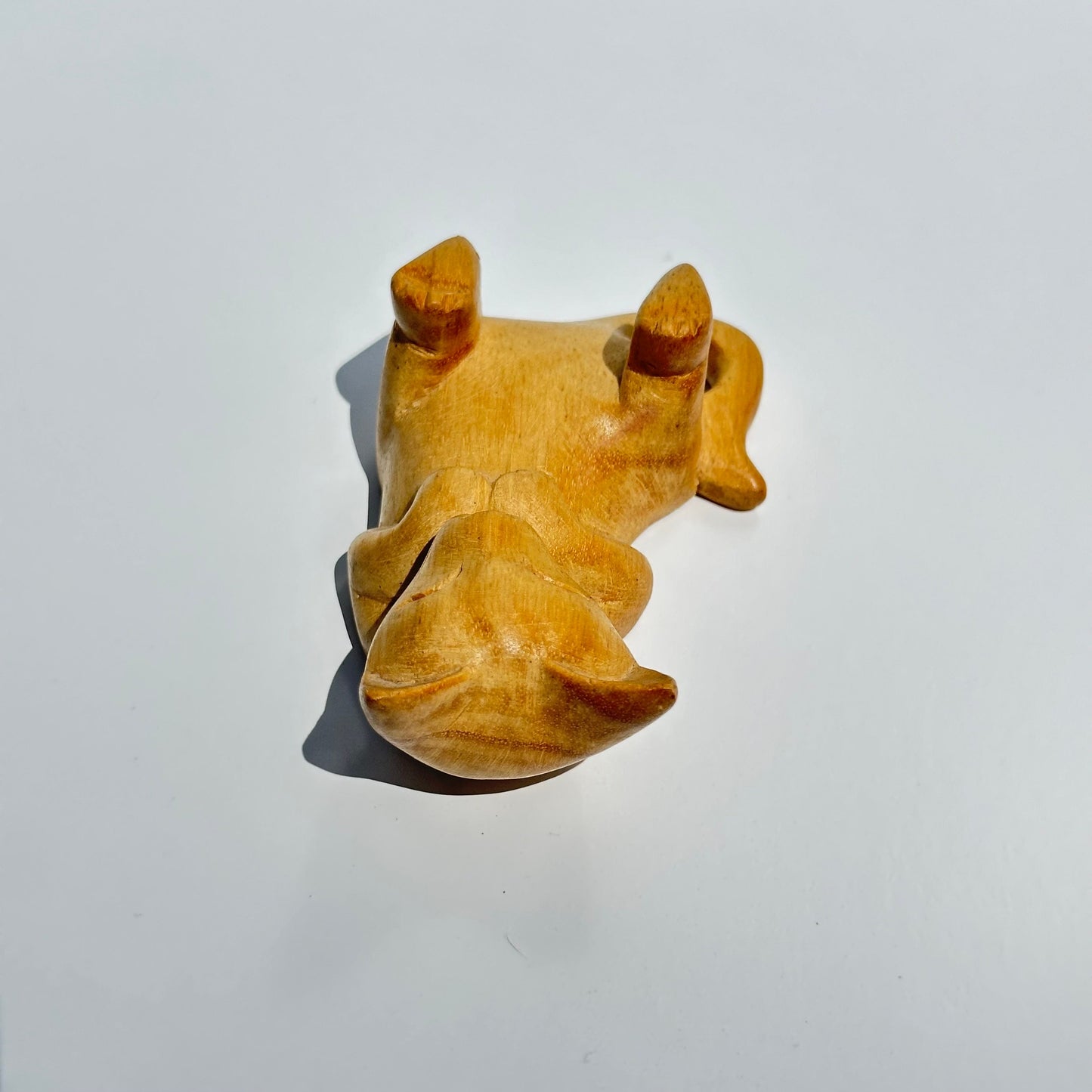 Vintage Wooden Figurine of Hand Carved Cat on It's Back. Adorable!