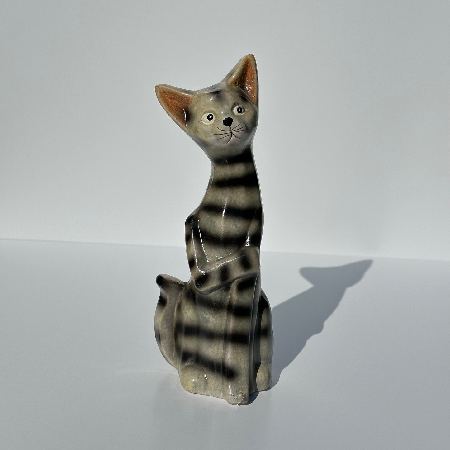 Vintage Figurine of Terracotta Ceramic Gray Striped Tabby Cat.