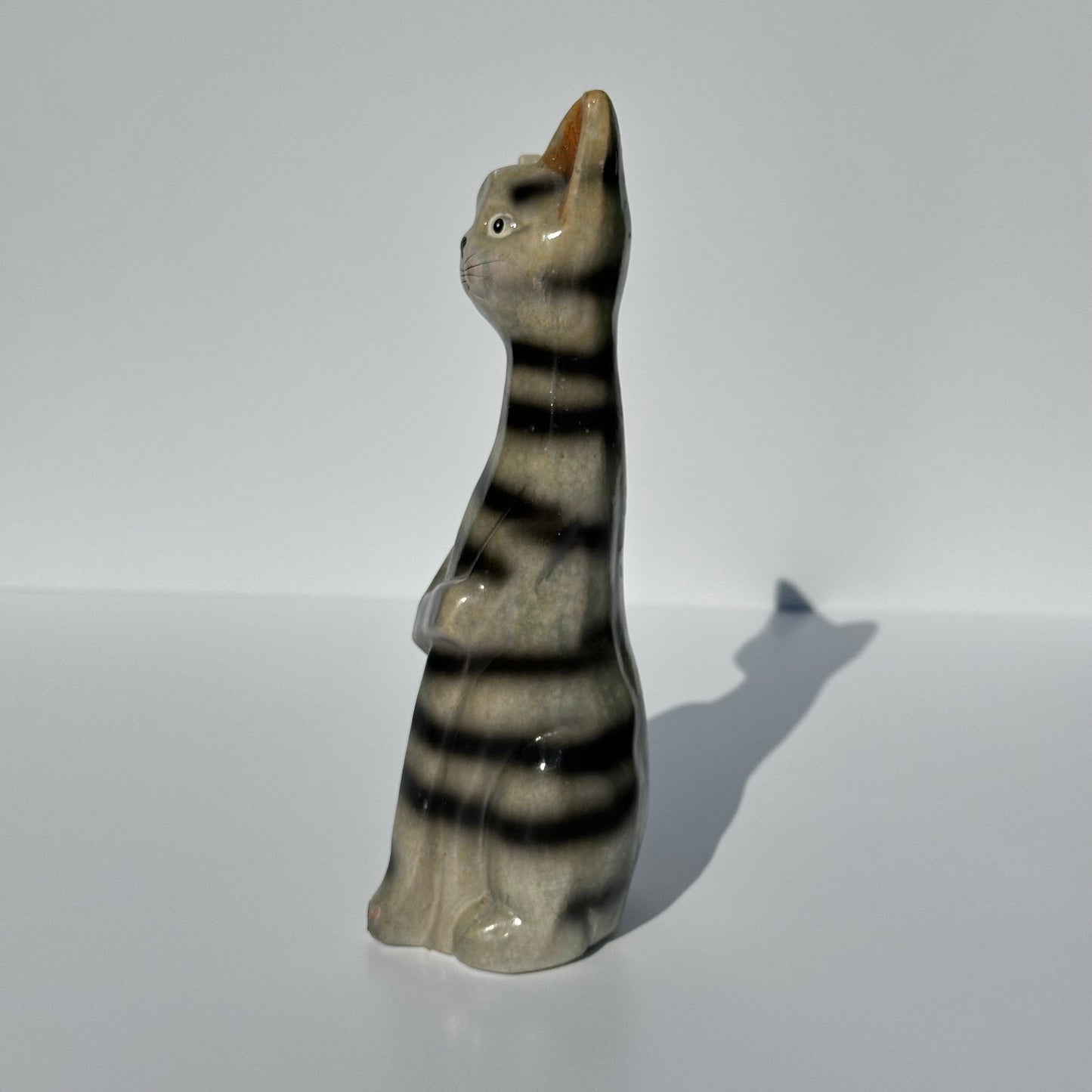 Vintage Figurine of Terracotta Ceramic Gray Striped Tabby Cat.