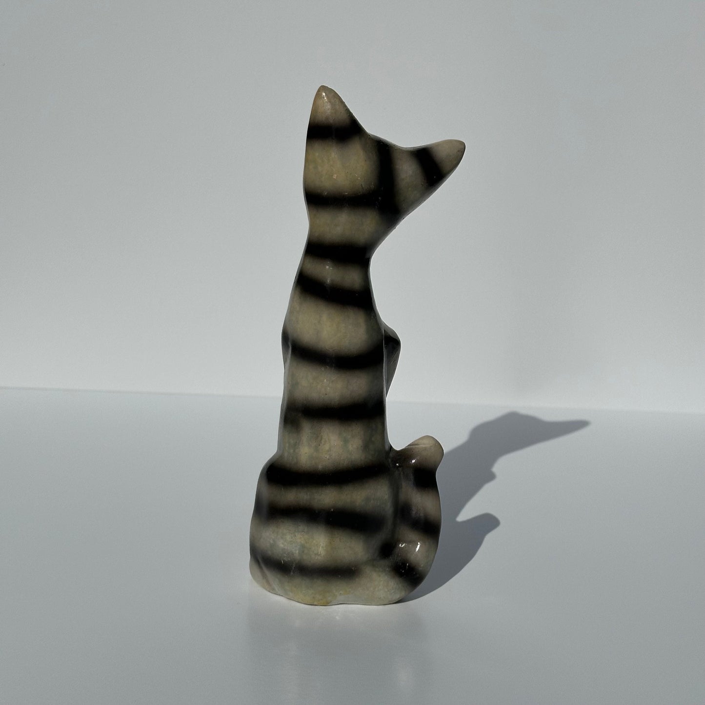 Vintage Figurine of Terracotta Ceramic Gray Striped Tabby Cat.