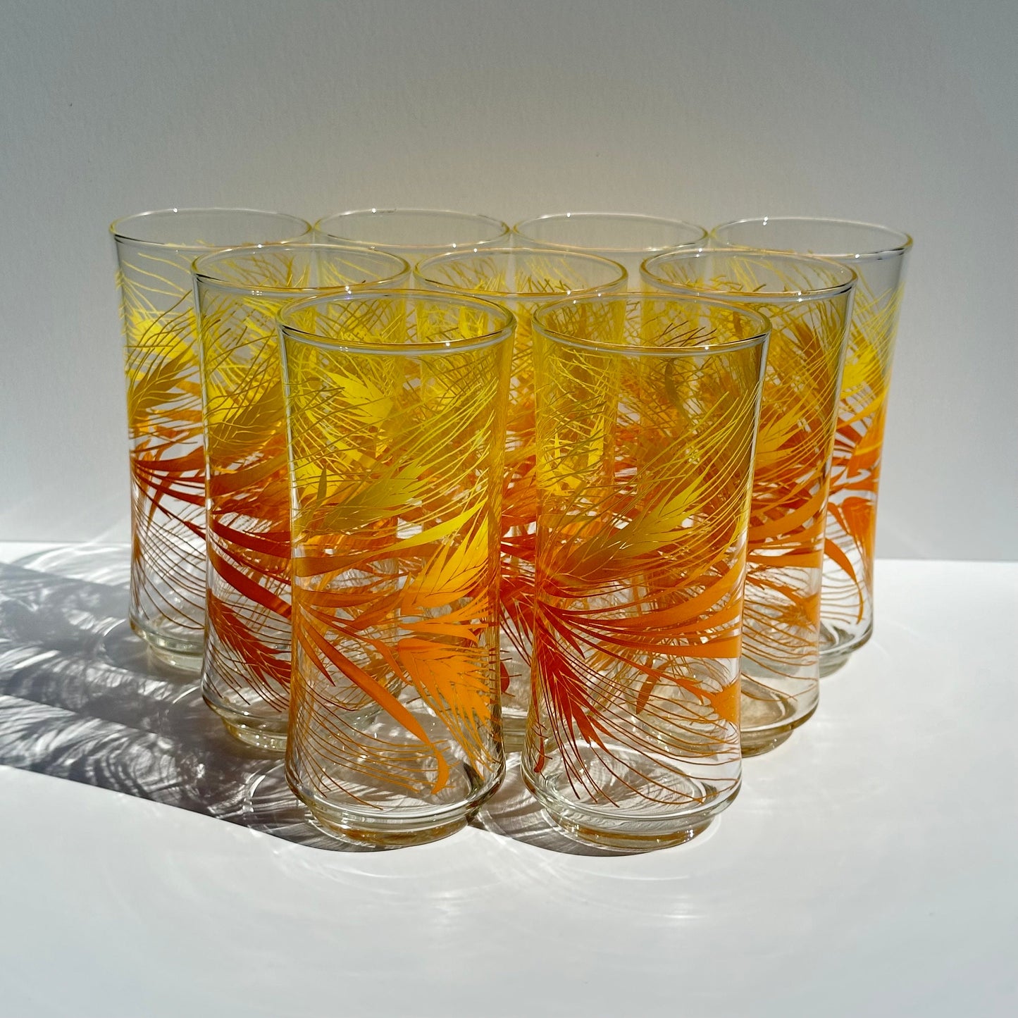 Vintage Glass Tumblers in Popular Libbey Golden Wheat Design, Set of 9 16 oz.