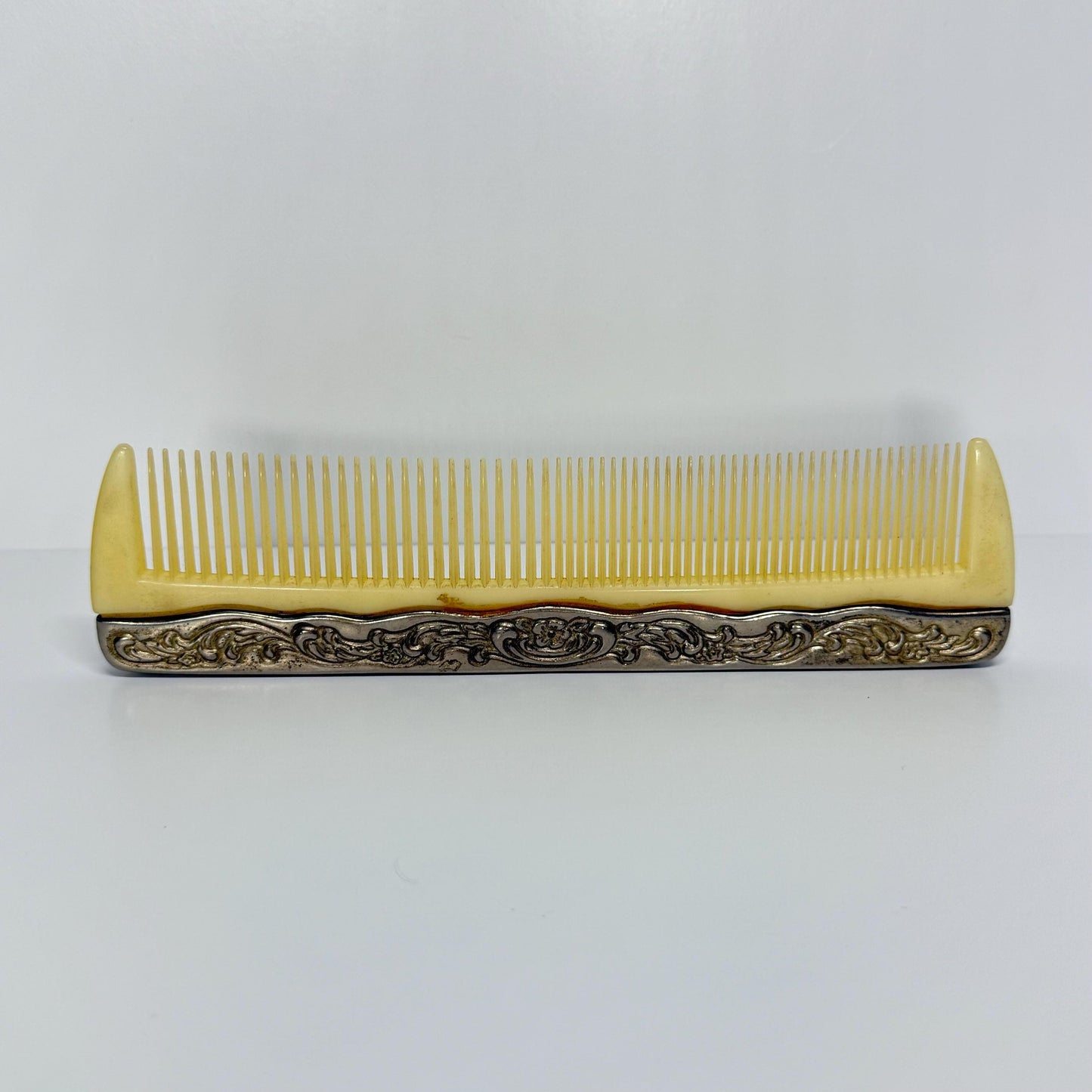 Vintage Comb, Victorian Style 1940s, Celluloid and Silver Plated.