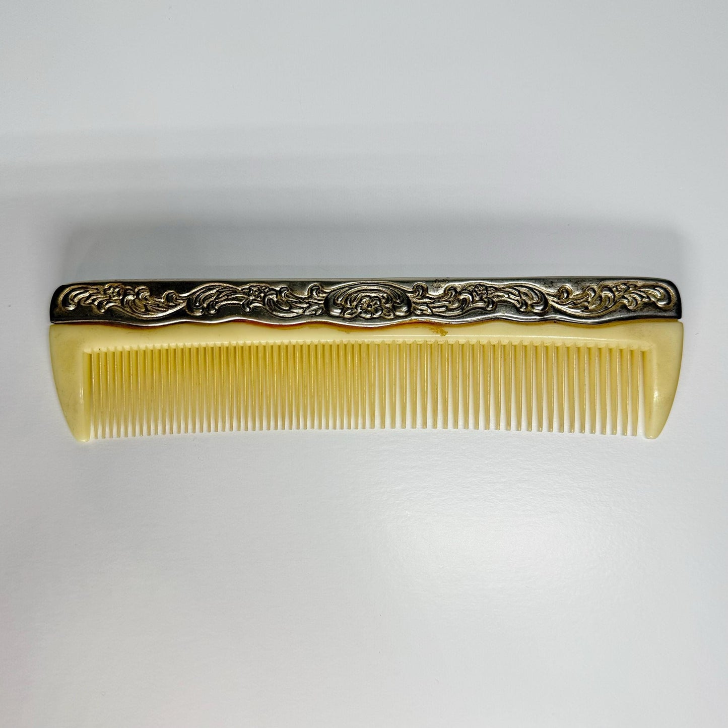 Vintage Comb, Victorian Style 1940s, Celluloid and Silver Plated.