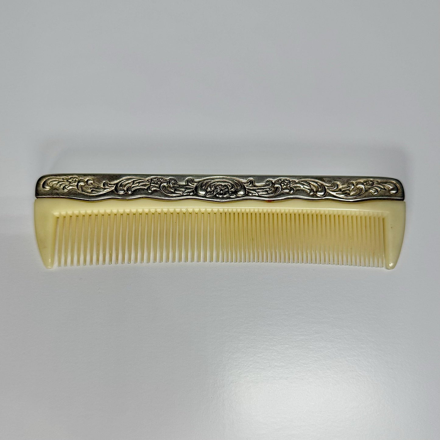 Vintage Comb, Victorian Style 1940s, Celluloid and Silver Plated.