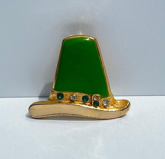 Vintage Enamel Pin Brooch of Green Hat with Green and White Rhinestones by Beatrix.