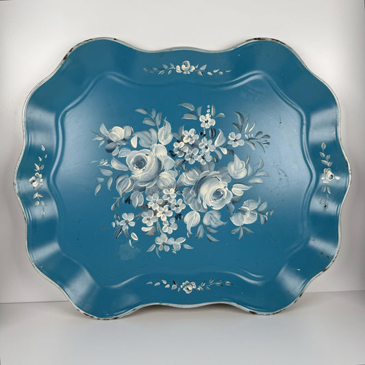 Vintage Tray in Hand Painted Blue and White Floral Design by Nashco Decor