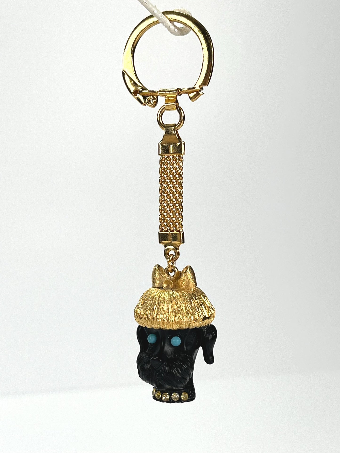Vintage Keychain of Black Dog With Turquoise Eyes and Rhinestone Collar by Florenza