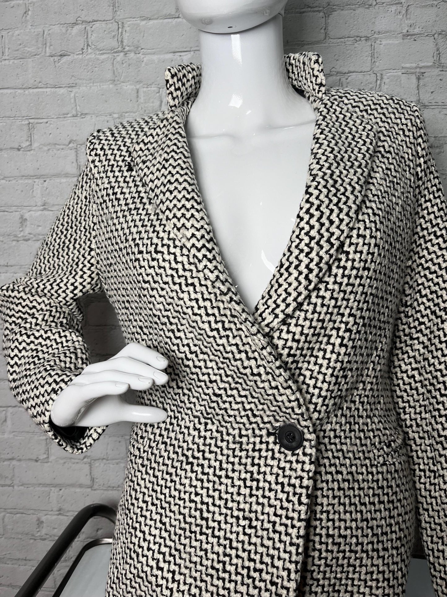 Double Breasted Tweed Coat in Retro Zig Zag Black and White Design