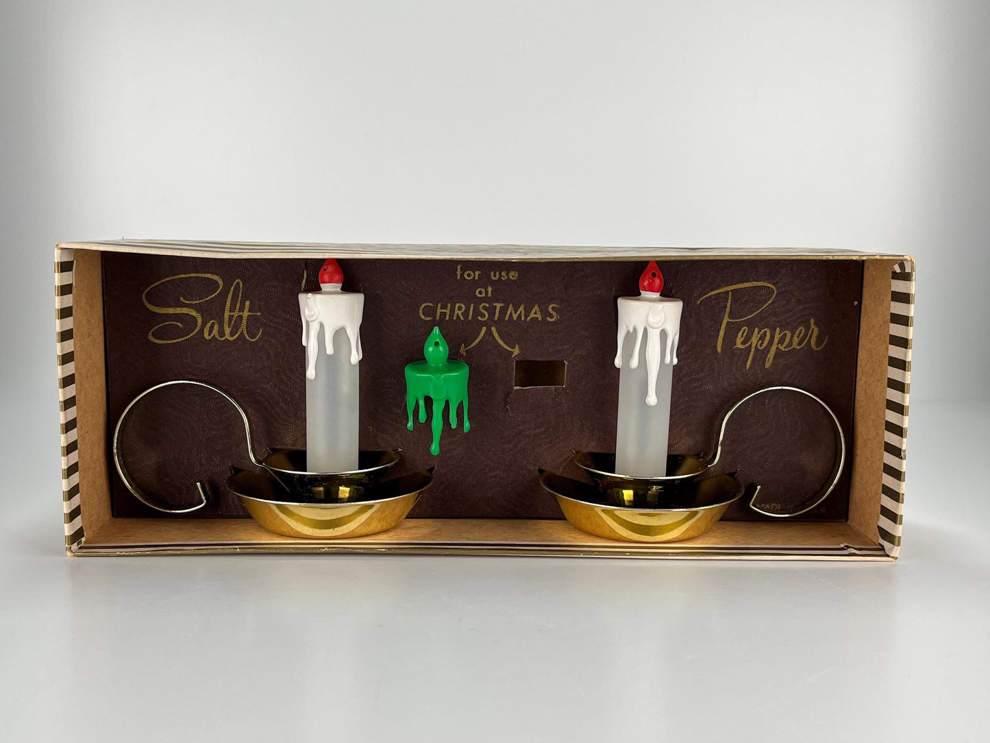 Vintage Salt and Pepper Shakers of Christmas Candlesticks by Davis and in Original Box.