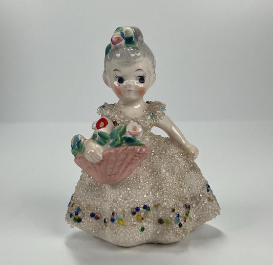 Vintage Porcelain Figurine of Girl in Sparkly Dress with Pink Flower Basket by Grantcrest