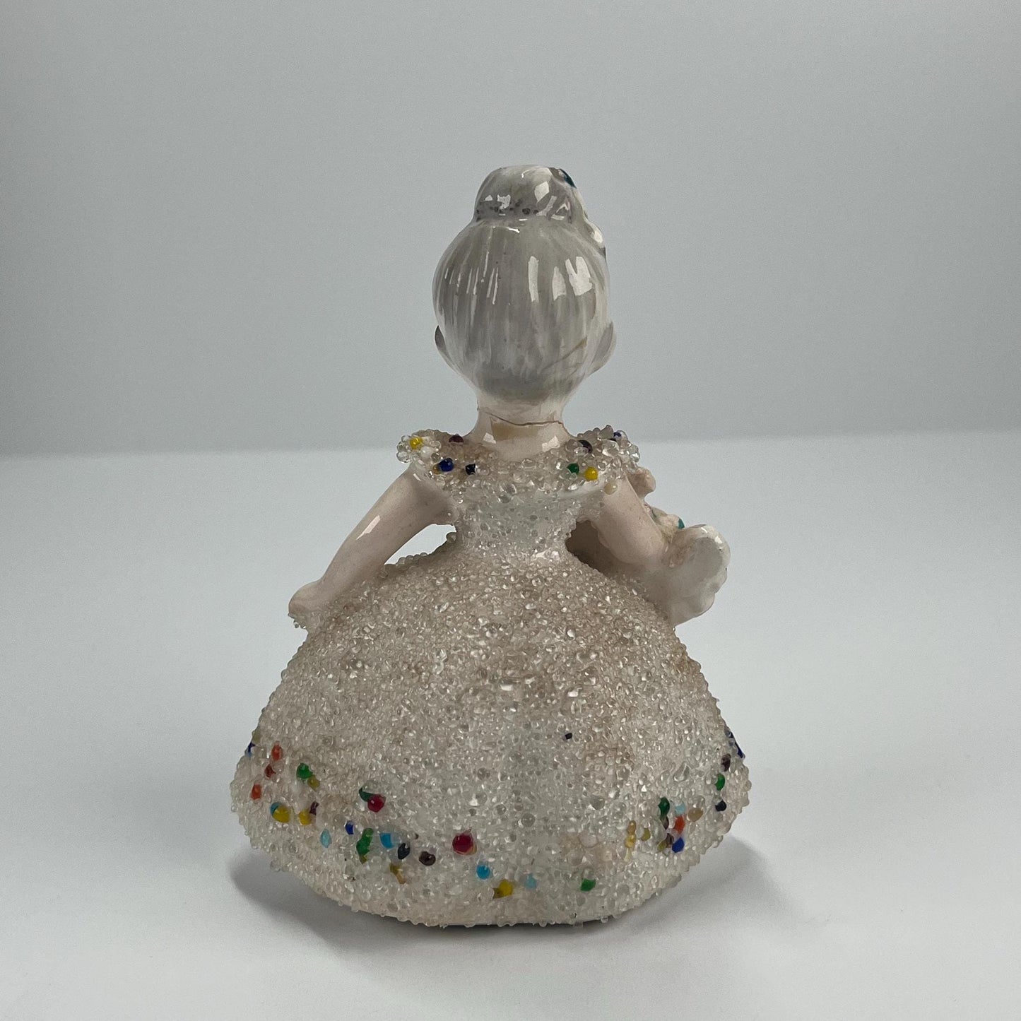 Vintage Porcelain Figurine of Girl in Sparkly Dress with Pink Flower Basket by Grantcrest