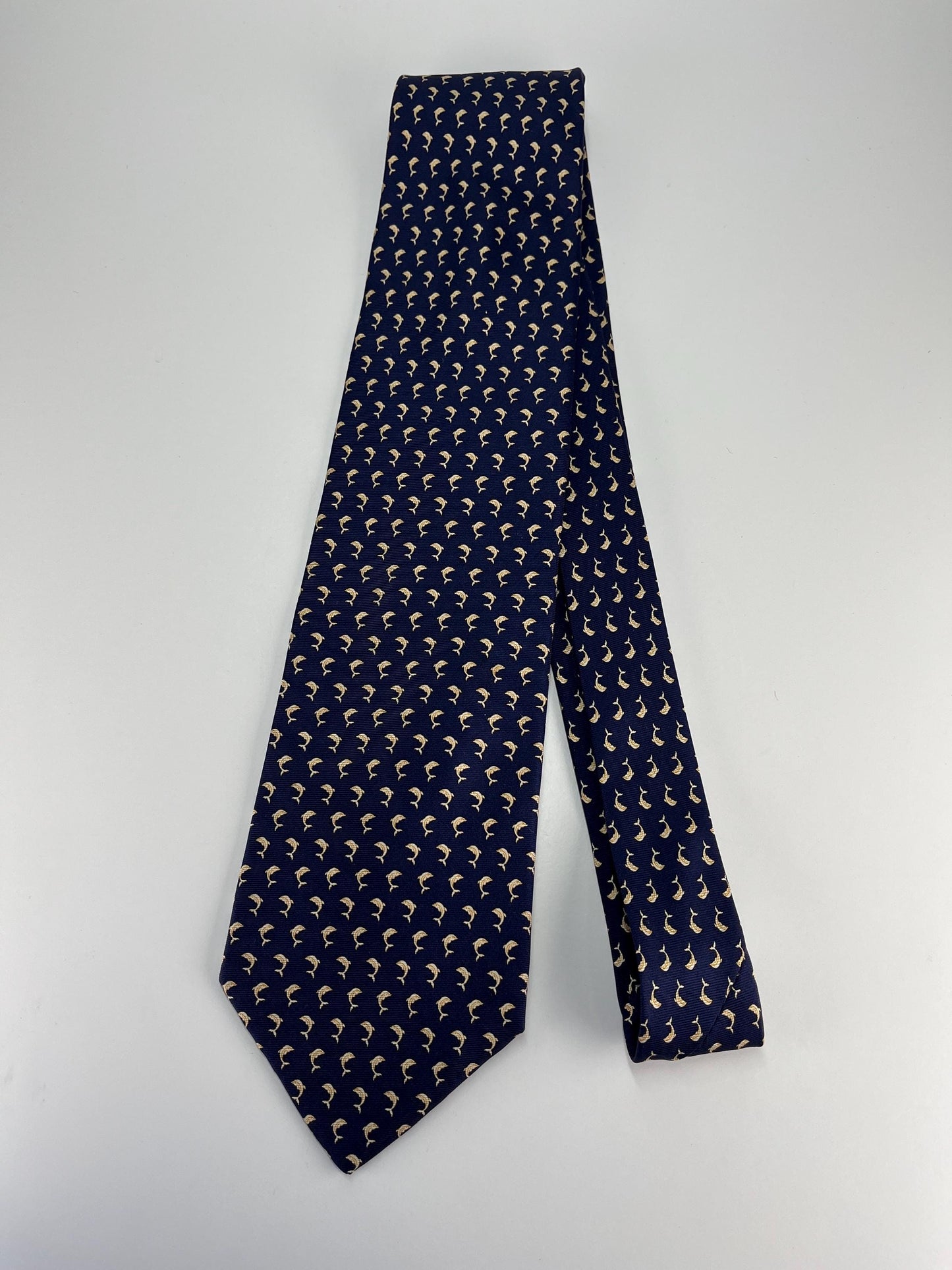 Vintage Silk Necktie in Navy Blue with Dolphin Print by Andrew’s Ties