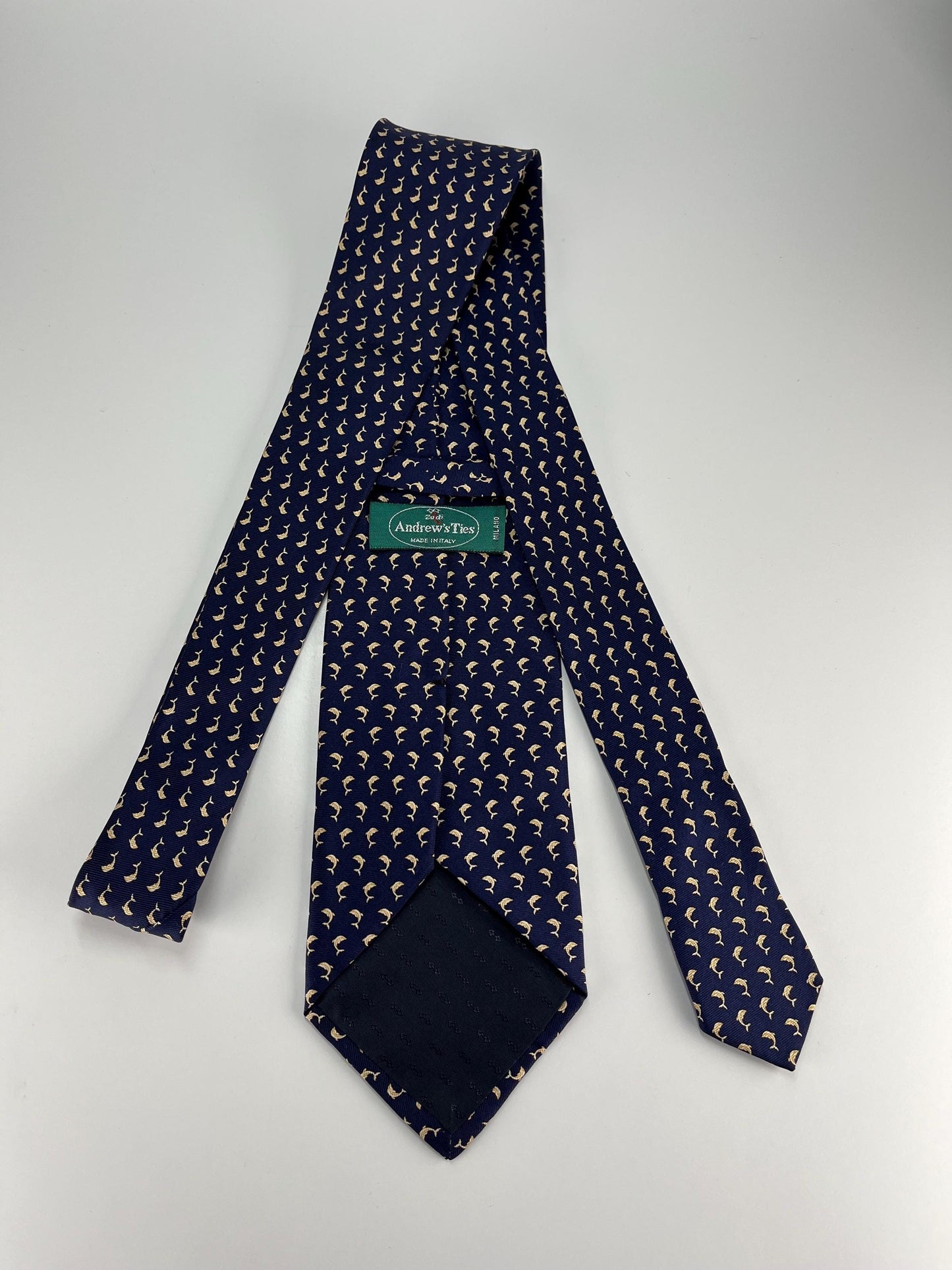 Vintage Silk Necktie in Navy Blue with Dolphin Print by Andrew’s Ties