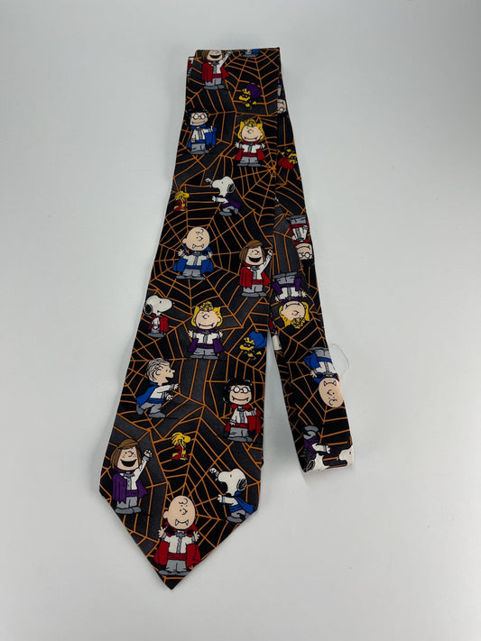 Vintage Silk Necktie of Peanuts Gang in Trick or Treat Halloween Theme