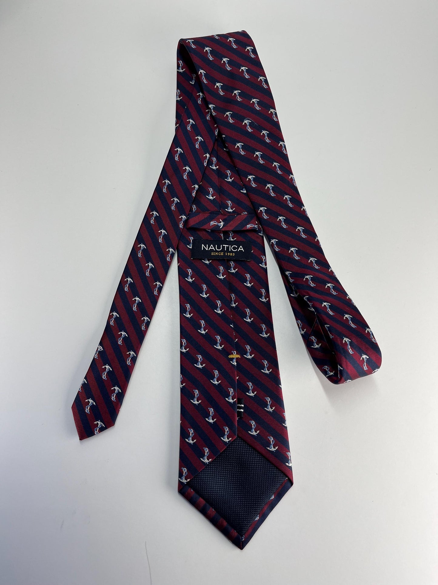 Vintage Necktie with Red and Blue Stripes and Sailing Anchors Made by Nautica