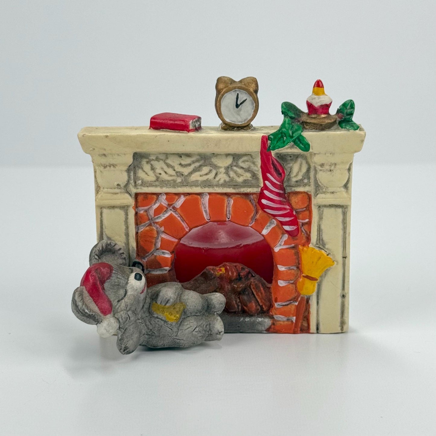 Vintage Ceramic Candle Holder of Christmas Mouse in Front of Fireplace with Original Box