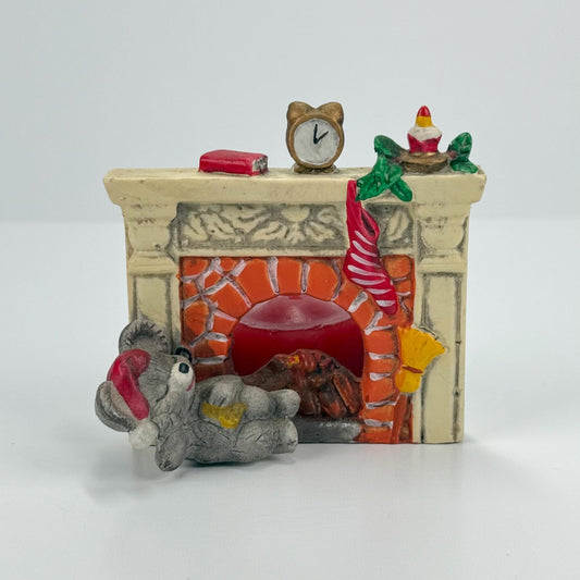 Vintage Ceramic Candle Holder of Christmas Mouse in Front of Fireplace with Original Box