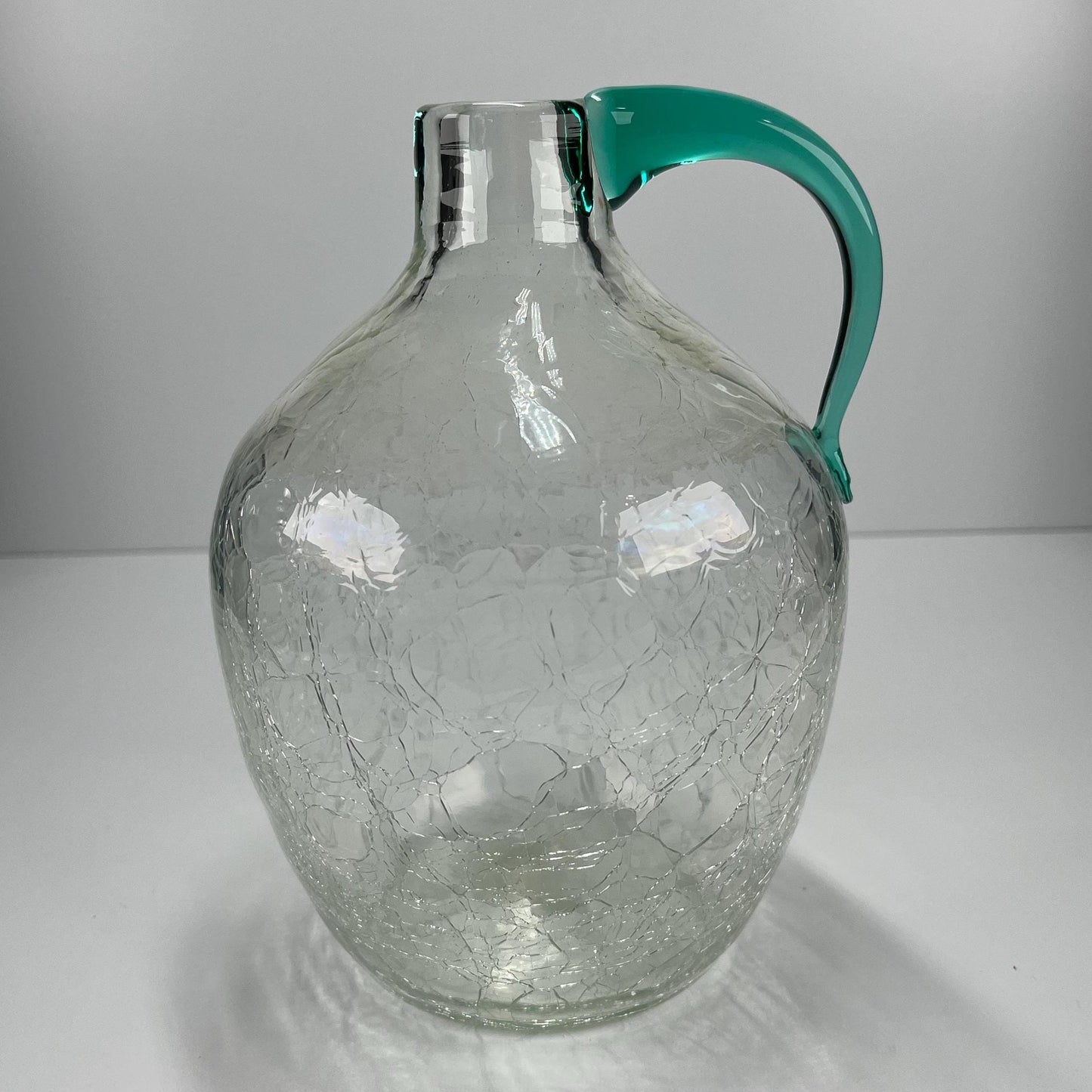 Vintage Blenko Crackle Art Glass Jug with Pretty Turquoise Handle
