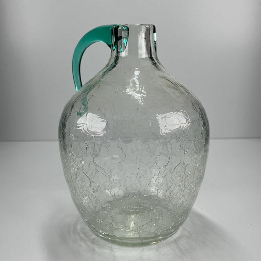 Vintage Blenko Crackle Art Glass Jug with Pretty Turquoise Handle