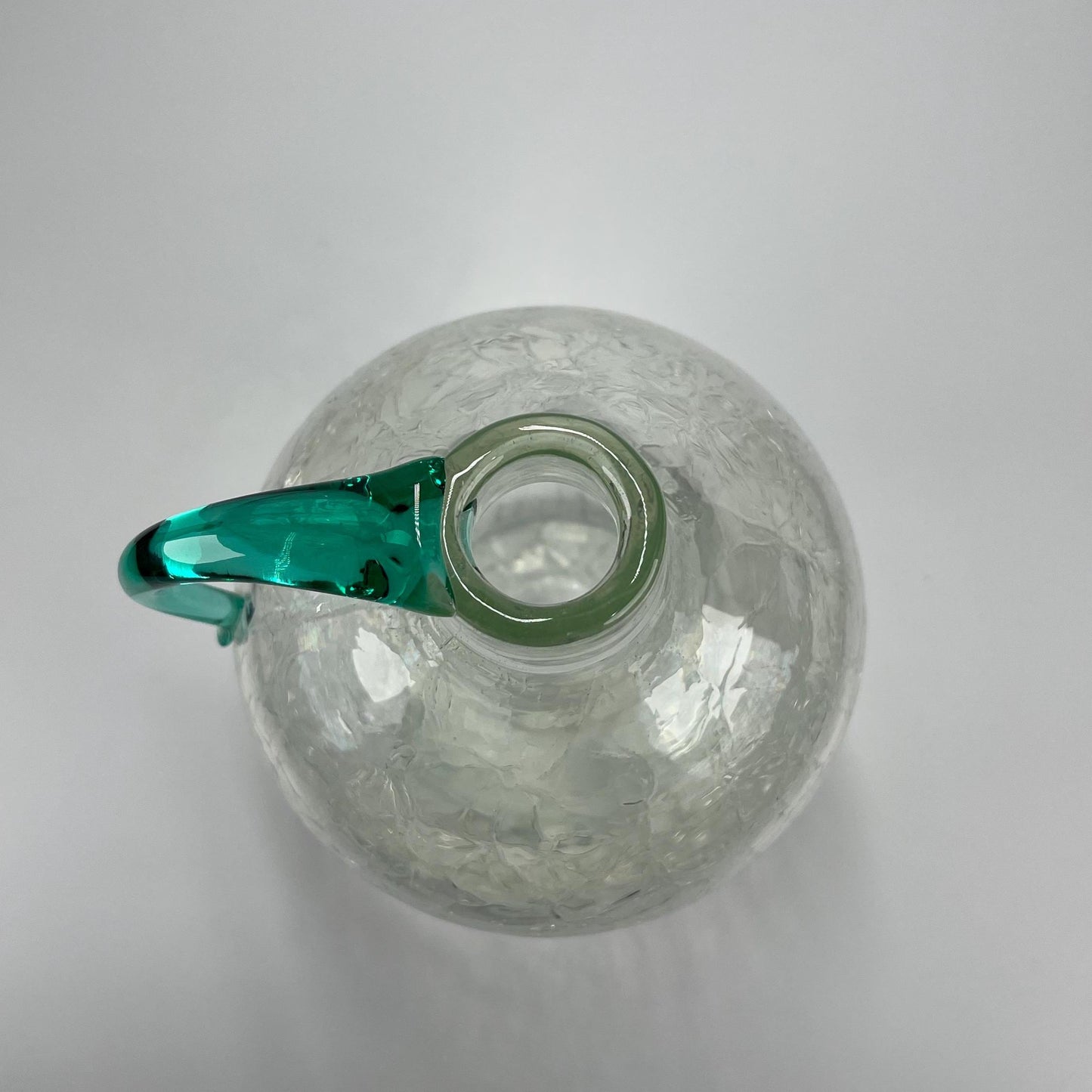Vintage Blenko Crackle Art Glass Jug with Pretty Turquoise Handle