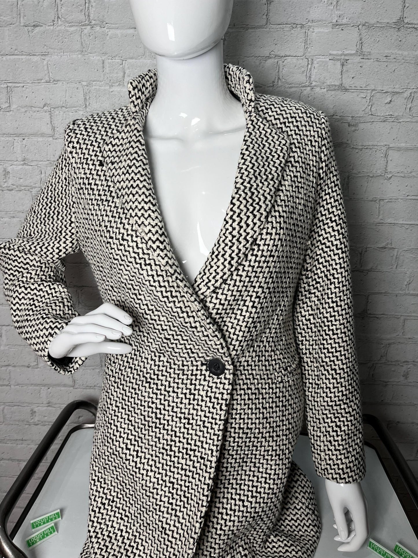Double Breasted Tweed Coat in Retro Zig Zag Black and White Design