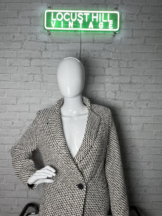 Double Breasted Tweed Coat in Retro Zig Zag Black and White Design